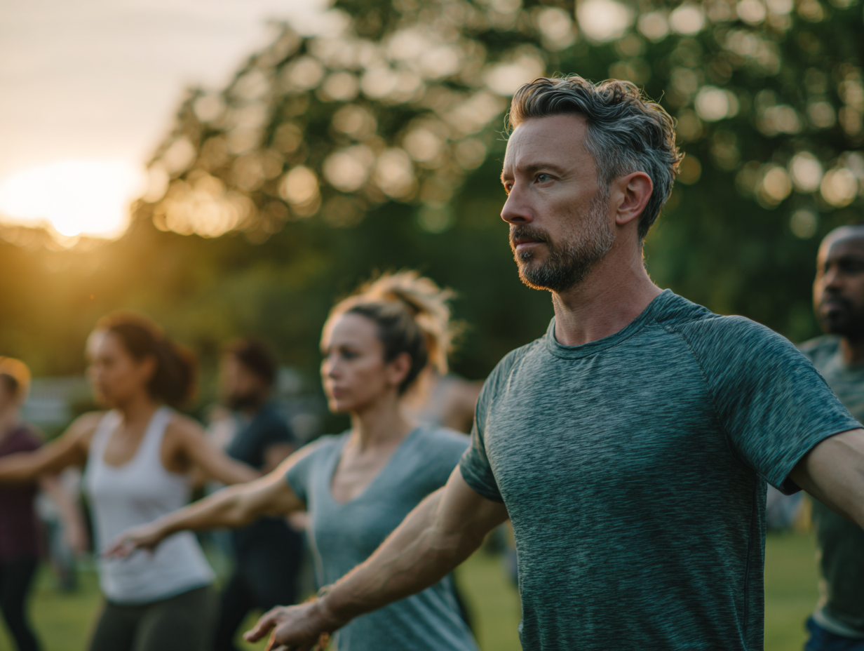 Група людей різного віку займається фітнесом